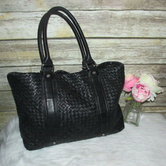Sondra Roberts Black Woven Braided Leather Tote